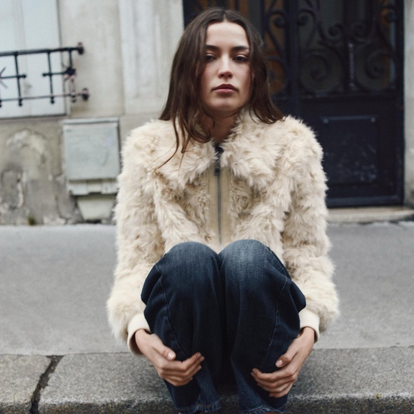 Zara Faux Fur Bomber NWT Jacket Ecru 3046/028/712 Cream XS mob wife old money - Picture 6 of 16